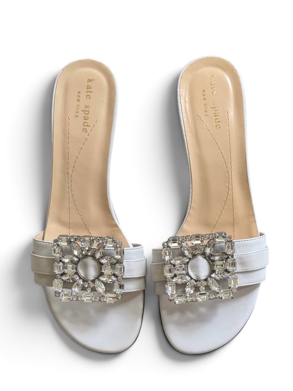 Kate Spade White Leather Crystal Embellished Low Heel Bauble Sandals Size 7.5